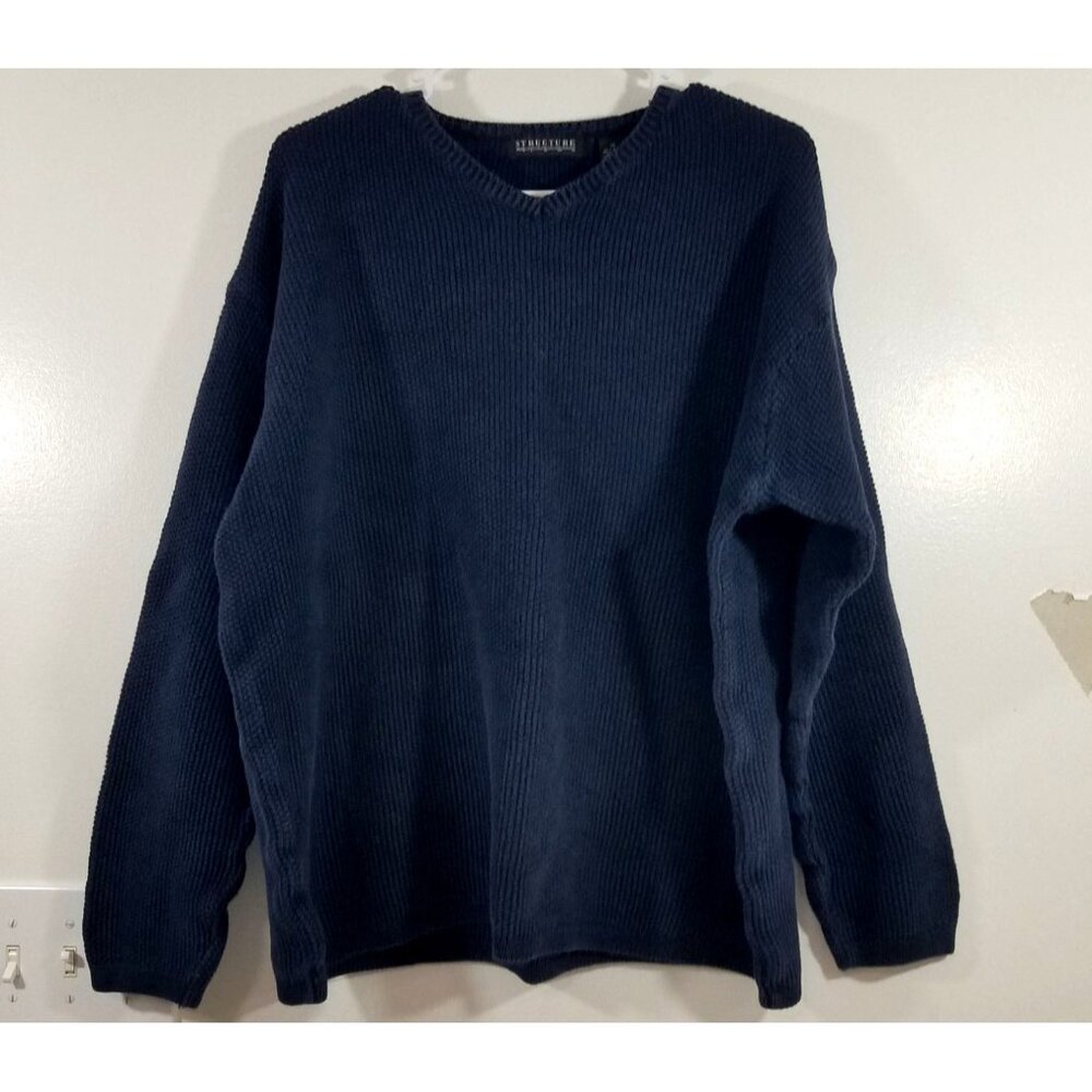 Structure Mens Medium Navy Blue V-Neck Sweater Cotton Blend Textured